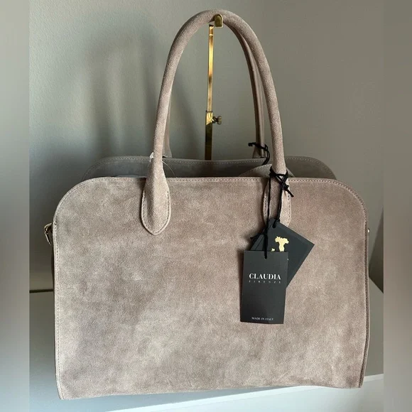 Viral Claudia Firenze Taupe Suede Leather Tote Satchel Bag NWT - Picture 2 of 8